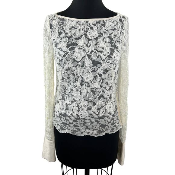 WORTH NY White Floral Lace Sheer Long Sleeve Blouse Button Cuffs Side Zip 2 XS - Picture 1 of 10